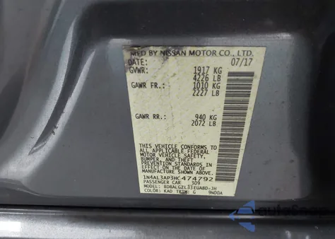 2017 Nissan Altima 2.5 S z USA, uszkodzony, nr VIN 1N4AL3AP3HC474792